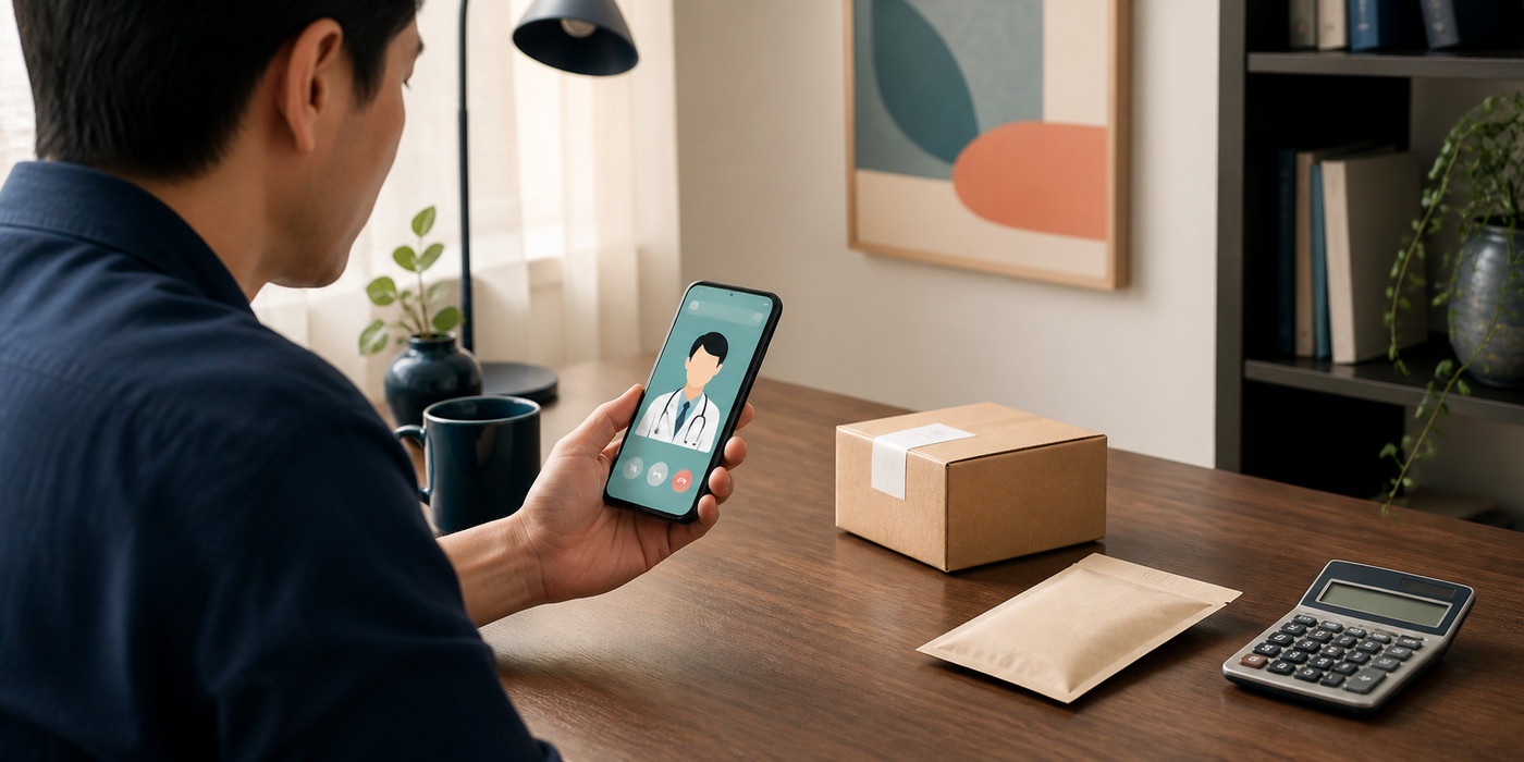自宅からスマートフォンでオンライン診療を受ける男性のイメージ